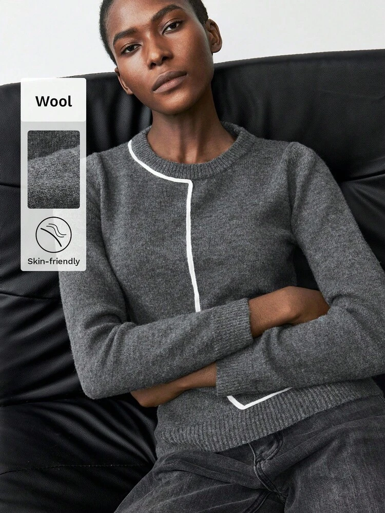 SHEIN Maija Suéter casual de cuello redondo de manga larga, versátil, para otoño, para mujer, casual de negocios, para oficina, suéteres para mujer, blusa gris, blusa gris elegante de otoño, blusas casuales de otoño para damas