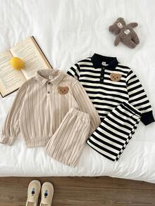 LMoss Kids LMoss 4pcs/Set Young Boy Striped Long Sleeve Polo Collar Sweatshirt And Elastic Waist Casual Pants Set, Autumn/Winter - Multicolor - View 5