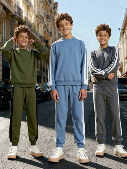 Explorewe SHEIN KIDS,Gift Ideas For 10 Year Old Boy, Best Christmas Gifts 2025,Boys' Clothing, Children's Clothing, Colorblock Crewneck Sweatshirt, Side Stripe Children's Sweatpants 3 Pieces Set, Autumn/Winter Clothing, Ages 8-12