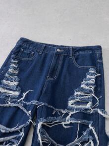 Manfinity Denimwave Men's Casual Distressed Ripped Frayed Hem Blue Jeans Mens Ripped Jeans