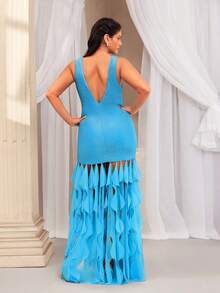 VOLUPTÉ CURVE Plus Size Summer Blue Knit V-Neck Sleeveless Layered Ruffle Fringe Deep Waist Backless Maxi Elegant Dress For Wedding, Party, Beach, Birthdays - Blue - View 3