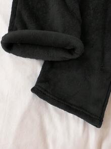 SHEIN 2件套青少年男童简约纯色抓绒连帽衫和长裤舒适家居服套装，藏蓝色 - 黑色 - 查看 7