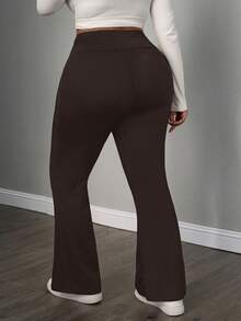 SHEIN PETITE CURVE 大码女式秋冬返校休闲家居服瑜伽舒适户外纯黑色针织松紧腰高腰口袋喇叭裤，带口袋的紧身裤 - 棕色 - 查看 2