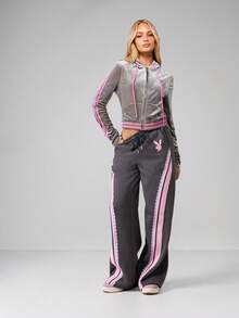 Missguided x Playboy Velour Zip Up Hoodie Jacket With Rhinestone Logo And Pink Trim Details - Grey - View 3