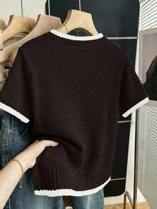 SHEIN Franclia Nueva blusa de punto elegante de verano con parches y contraste de colores para mujer - Café integral - Ver 2