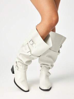 Goth 2025 New Fashion Pointed Toe Thick Heel PU Leather Buckle Strap Thigh High Boots, Suitable For Autumn/Winter