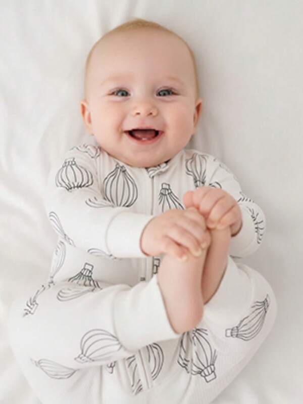 Infant/Toddler Boys' Minimalist Hot Air Balloon Print Long Sleeve Jumpsuit, Comfortable Stretch, Contrast Color Trim, Spring/Summer/Autumn/Winter