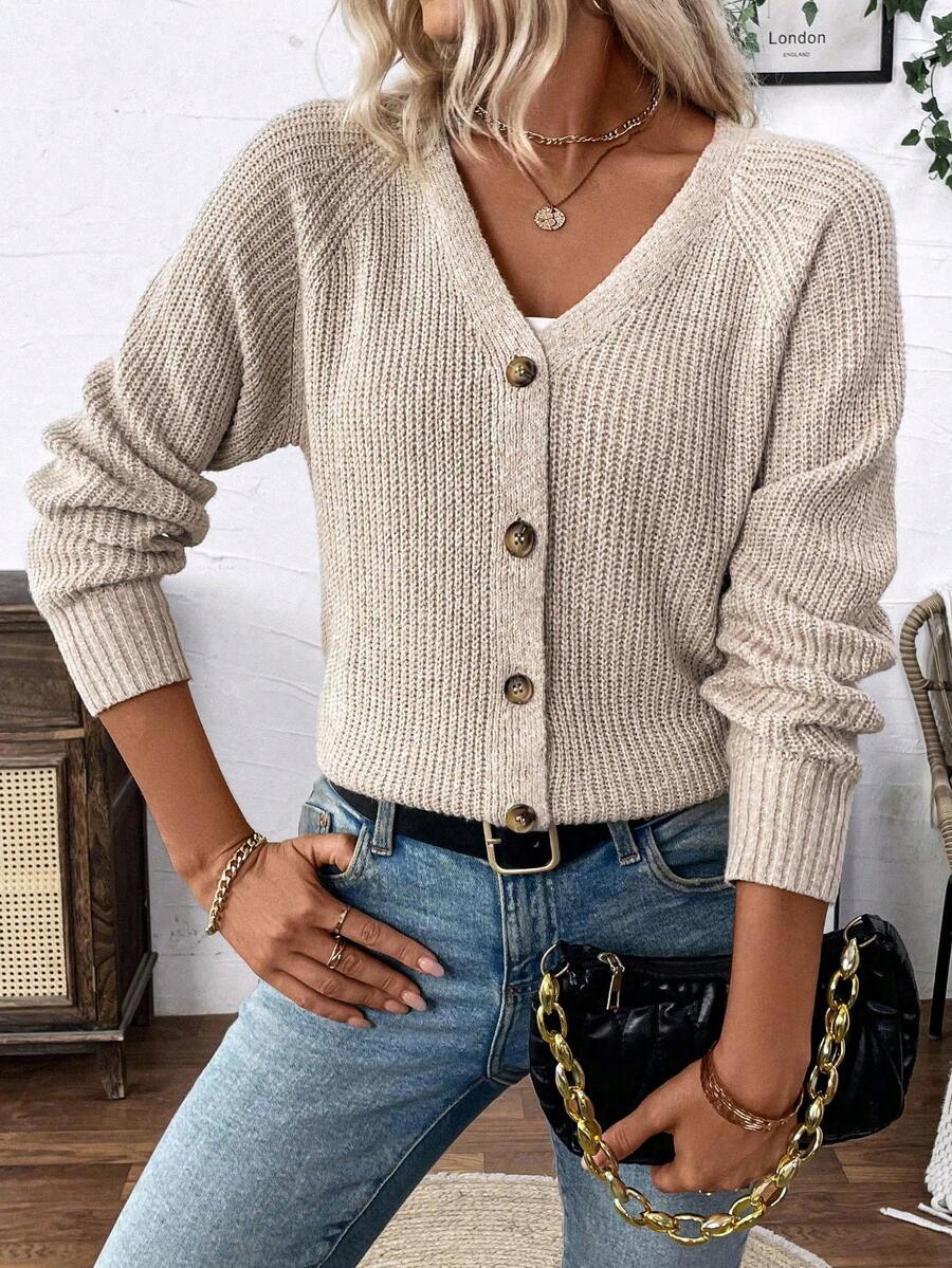 SHEIN Versatile V-Neck Cardigan Sweater, Loose Casual Minimalist Open Front Knit Jacket For Women - Champagne - View 1