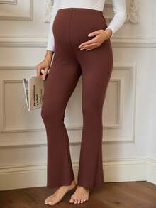 SHEIN Legging Casual de Cintura Alta Sólida, Cintura Elástica Slim para Gestantes - Castanho - Visão 6