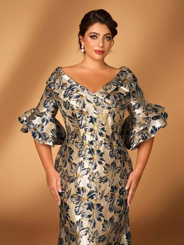 Serin Plus Size Elegant Gorgeous Navy Blue One Shoulder Sleeve Luxurious Jacquard Satin Pleated Floral Ruffle Slit Mermaid Wedding Event Party Resort Prom Formal Event Mother Of The Bride Evening Dress