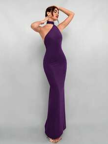 Aloruh Women's Solid Red Backless Halter Dress, Suitable For Date, Christmas Party, Evening Event - Purple - View 5