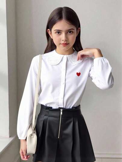 SHEIN Tween Girl Casual Comfortable Collared Heart Pattern Embroidered Cotton Shirt