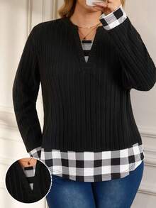 Rosumi Plus Size V-Neck Long Sleeve Drop Shoulder Ribbed Casual Loose T-Shirt, Plaid Patchwork T-Shirt, Autumn/Winter,2025 New - Black - View 3