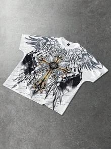 ROMWE MEN 男士字母十字印花圆领短袖休闲T恤 - 白色 - 查看 4