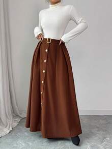 Elenzga Váy chữ A bằng vải nhung kẻ thanh lịch cổ điển dành cho nữ, hở phía trước, cài nút thẳng, thắt lưng kim loại, trang trí, thu/đông - màu nâu - Xem 4