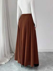 Elenzga Váy chữ A bằng vải nhung kẻ thanh lịch cổ điển dành cho nữ, hở phía trước, cài nút thẳng, thắt lưng kim loại, trang trí, thu/đông - màu nâu - Xem 2