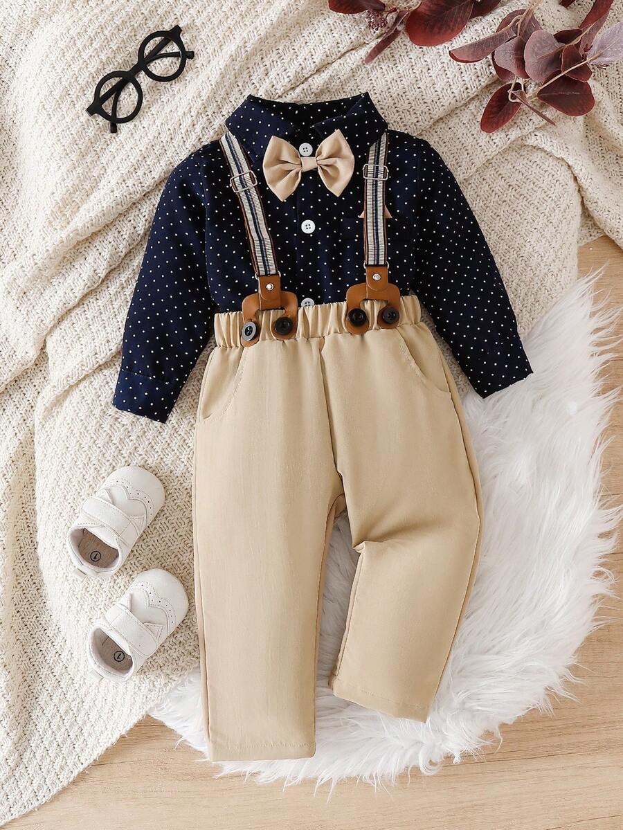 SHEIN Conjunto de Roupa de Cavalheiro para Bebê Menino com Camisa Estampada de Bolinhas e Calça com Suspensório
