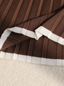 Tween Girl Brown Checkered Autumn Vintage Family Matching Back-To-School Long Sleeve Pleated Knit Dress,Minimalist High-End Modest Contrast Hem Cuffs - Brown - View 8
