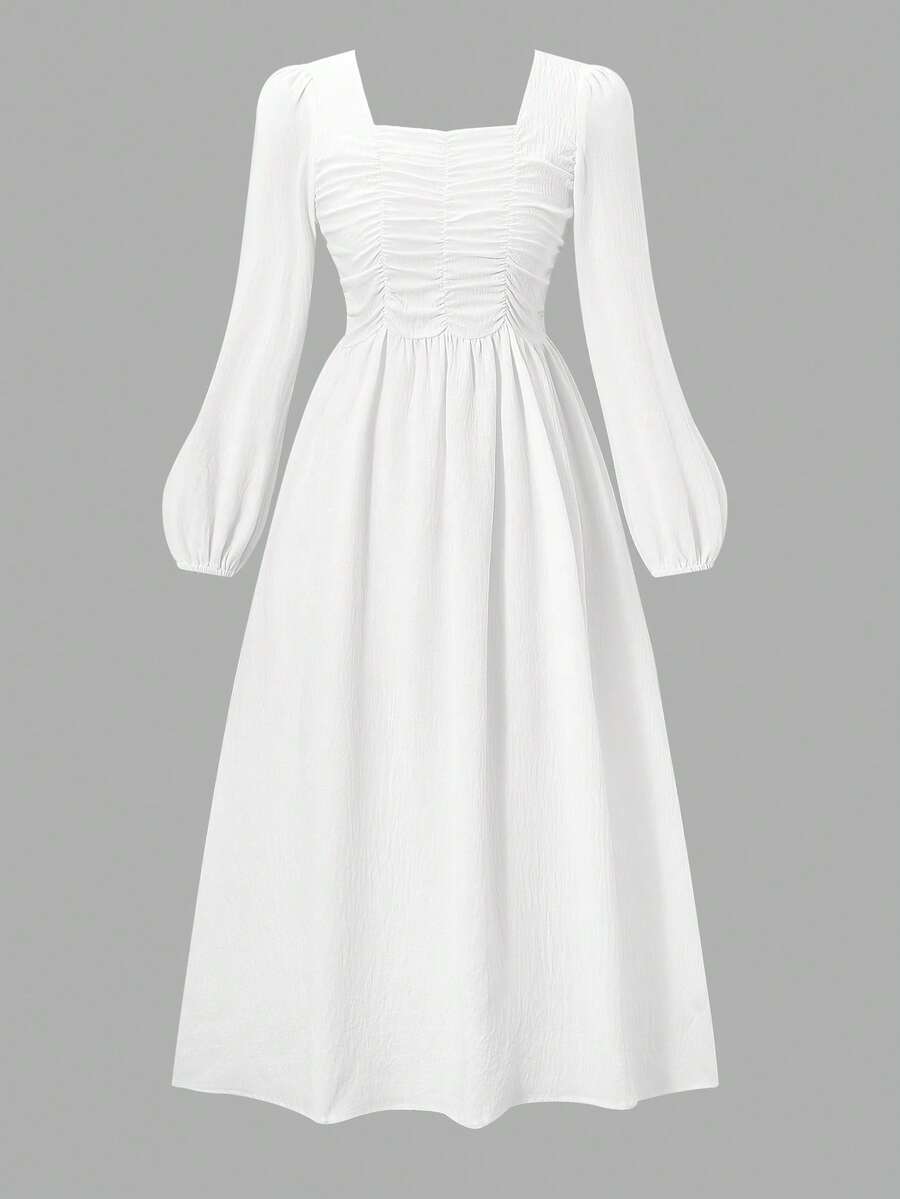 Sparklyn 少女优雅收腰方领长袖连衣裙，端庄时尚，适合春季、秋季和冬季 - 白色 - 查看 1