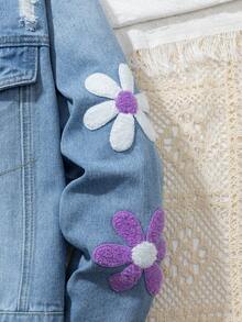 Sparklyn Tween Girls Denim Jeans, New Winter Collection, Mid-Blue Denim Color, Casual Collegiate Style, Girls Denim Jacket, 3D Floral Embroidery, Fitted Silhouette, Comfortable Cotton Denim, Suitable For Everyday Wear, School And Commute