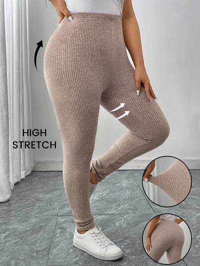 SHEIN LUNE Plus Size Solid Color High Waist Slim Fit Casual Ribbed Leggings Elegant Graduation Christmas New Year Winte/Winter