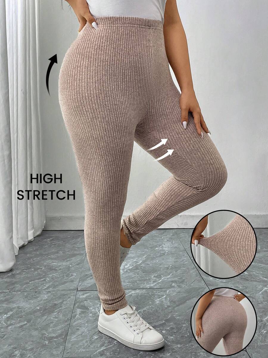 SHEIN LUNE Plus Size Solid Color High Waist Slim Fit Casual Ribbed Leggings Elegant Graduation Christmas New Year Winte/Winter - Apricot - View 1