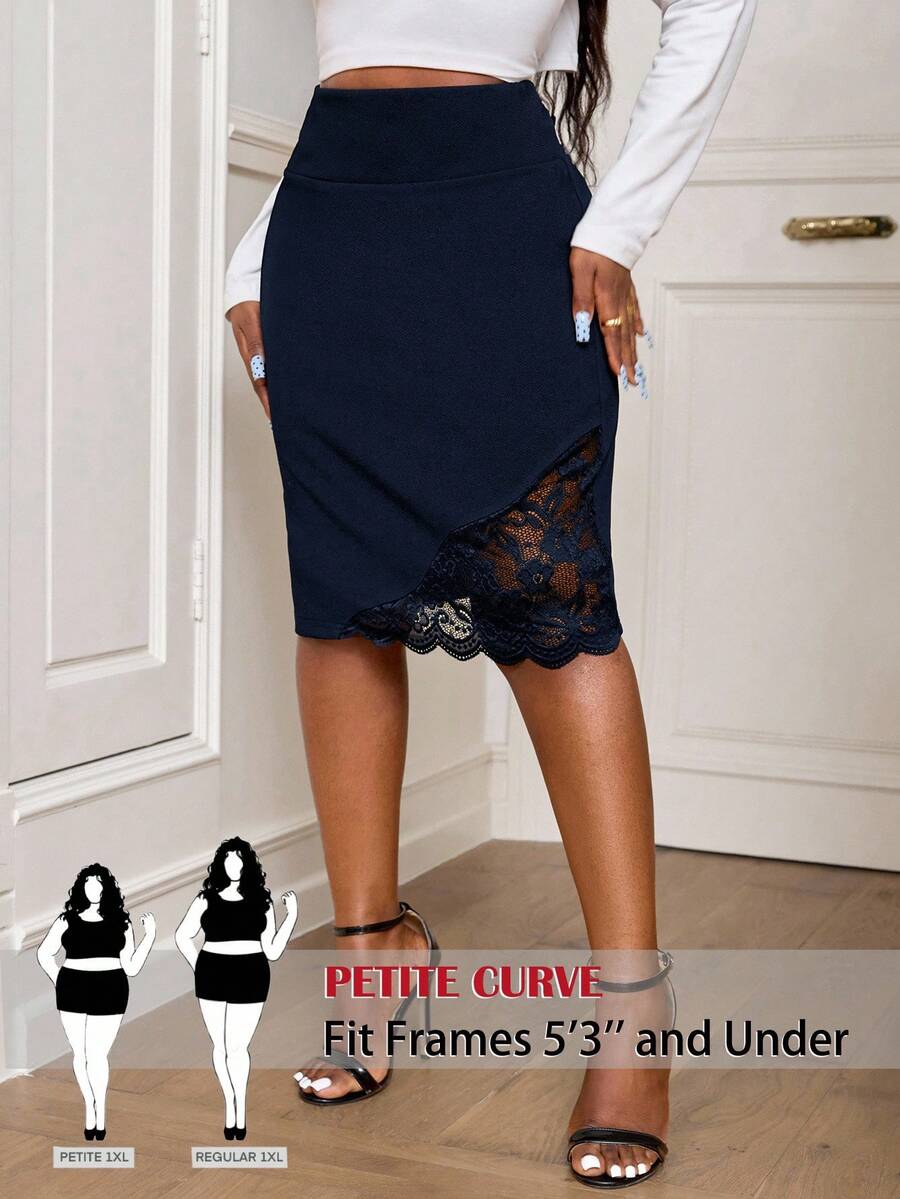SHEIN PETITE CURVE Chân váy chữ A dài đến đầu gối thanh lịch bằng ren dành cho nữ cỡ lớn, Chân váy nữ - Xanh đậm - Xem 1