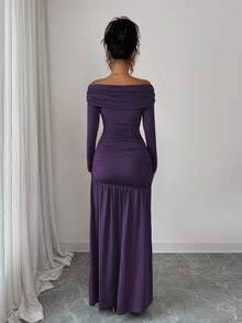 Elenzga Women's Vintage Elegant Off Shoulder Fitted Bodycon Long Sleeve Knit Dress, Autumn/Winter, Halloween - Purple - View 2