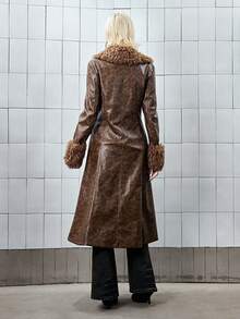 ROMWE Hippie Women's Retro Basic PU Patchwork Faux Fur Long Jacket - Brown - View 3