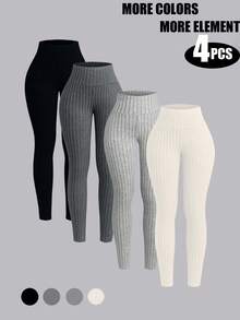 Airaco 4pcs/Set Women Casual Textured Ribbed Fabric Pants - Multicolor - View 1