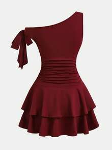 SHEIN Girlism Teen Girls Red Solid Color Metal Flower Decor Ruched Shoulder Ruched Hem Fashionable Dress Dark Red Dress One Shoulder Dress Girls Maroon Dress For Girl