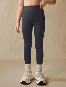 SHEIN Seamluxe Sport 高腰罗纹无缝修身女童紧身裤 - 云朵般柔软，第二层肌肤般柔软，速干透气，四向弹力紧身裤，适合跑步、骑行、瑜伽、泡菜球运动、休闲，黑色 - 深灰色 - 查看 8