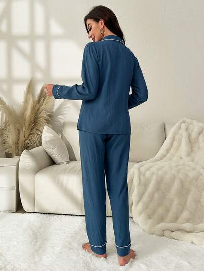 Contrast Long Sleeve Top Pants Pajama Set, Clothes view 2