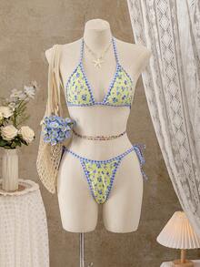 Swim Mod Women's Elegant Sweet Floral Plaid Trim Backless Bikini Set, 2pcs, Suitable For Spring/Summer - Multicolor - View 5