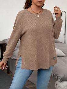 SHEIN LUNE Camiseta casual de talla grande con abertura lateral en unicolor, otoño - Marrón - Ver 3