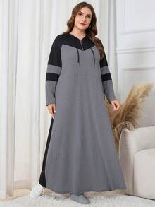 SHEIN Lacomfia 大码休闲针织提花拼色连帽长袖宽松中长连衣裙，春秋季 - 彩色 - 查看 5