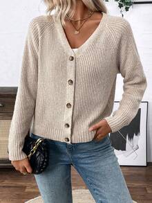 SHEIN Versatile V-Neck Cardigan Sweater, Loose Casual Minimalist Open Front Knit Jacket For Women - Champagne - View 3