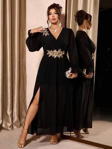 Cravure Plus Size Women's Gold Lace Trim Slit Dress, Vintage Luxurious Elegant Cocktail Party Romantic Gown, Evening Dress