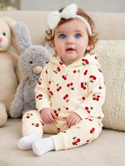 2 st. söt babyflicka med frukt- och körsbärsmönster, långärmad stickad tröja och matchande byxor med frukt- och körsbärsmönster, lämplig för höst/vinter, inomhus- och utomhuskläder, vardagskläder