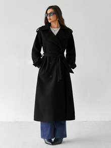 SHEIN Tall 女款黑色長袖優雅前扣長版大衣，休閒通勤穿著，復古保暖加厚秋冬款，適合感恩節、萬聖節，高個女性適用 - 黑色 - 查看 9