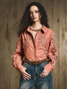 Arave 女士镂空设计休闲通勤度假梭织长袖衬衫，春秋季 - 紅色 - 查看 4