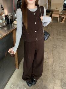 DAZY Women's Casual Denim Sleeveless Top And Pants Set, Autumn/Winter - Coffee Brown - View 1