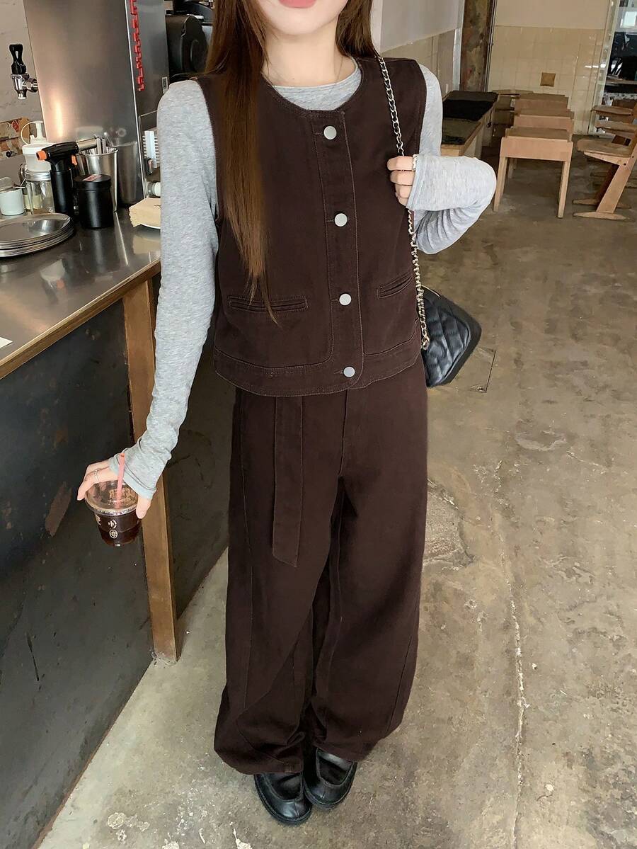 DAZY Women's Casual Denim Sleeveless Top And Pants Set, Autumn/Winter - Coffee Brown - View 1