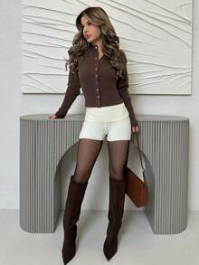 Jemour Knitted Foldover Waistband Hotpants Spring Y2K 90's Casual Cute Summer Vacation Festival Holiday Airport Summer Fall Back To School Autumn Winter Everyday Christmas Work Office - Cream - View 6
