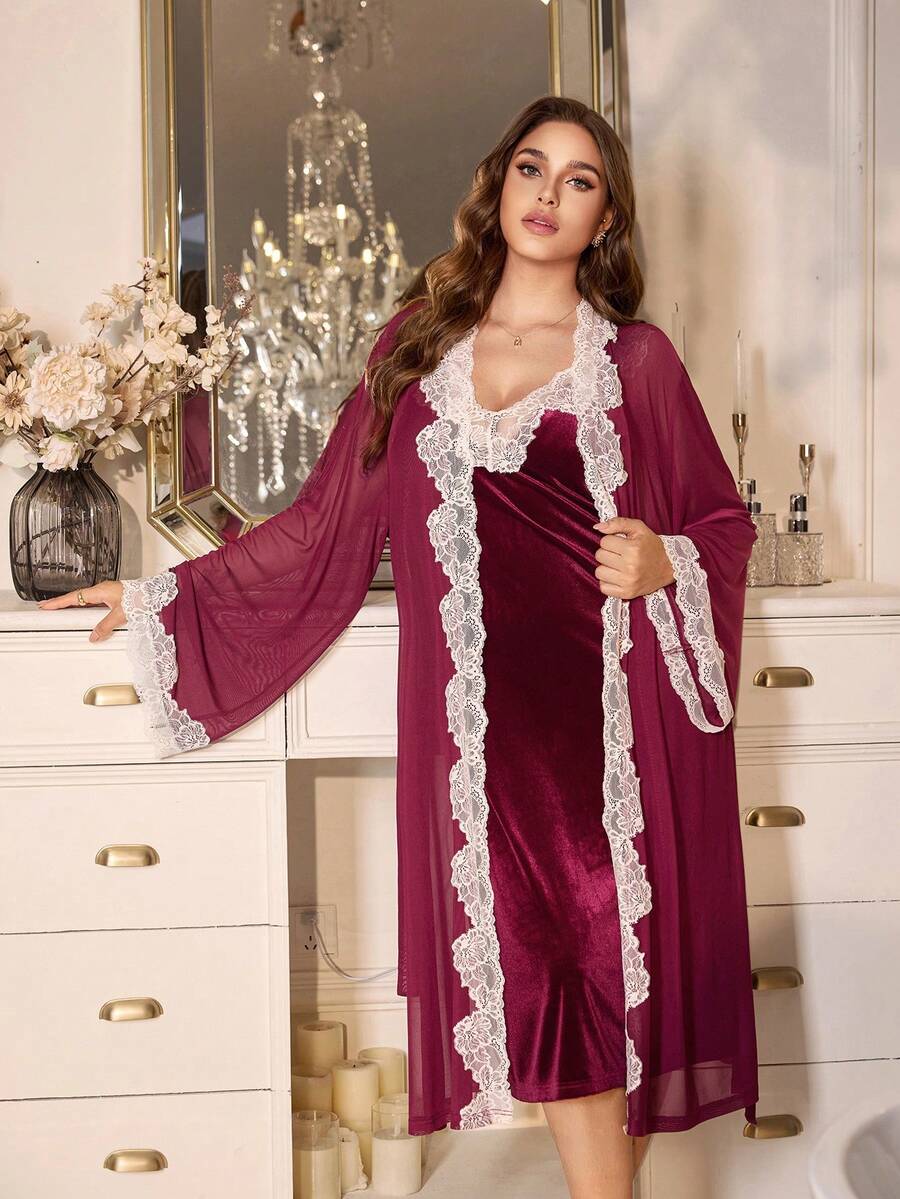 MuseNap CURVE Plus Size Lace Patchwork French Romantic Elegant Velvet Mesh Robe Set - Burgundy - View 1