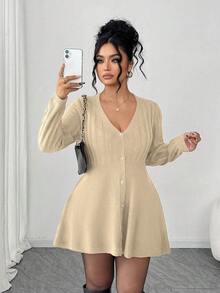 Elenzga Elegante y elegante suéter de mujer con botones de perlas de manga larga y cuello en V, de talla grande, adecuado para uso diario - Albaricoque - Ver 1