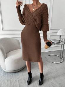 EMERY ROSE Batwing Sleeve Split Hem Wrap Sweater Dress Knitted Co Ord Setknitted Two Pieces Outfitsweater Skirt Setsweater Two Pieces Setwinter Two Pieces Set - Rust Brown - View 4