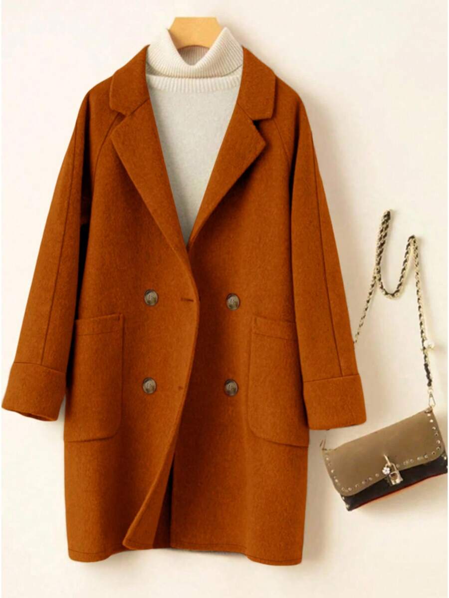 Linhara Plus Size Double-Breasted Casual Warm Overcoat, Autumn/Winter - Brown - View 1