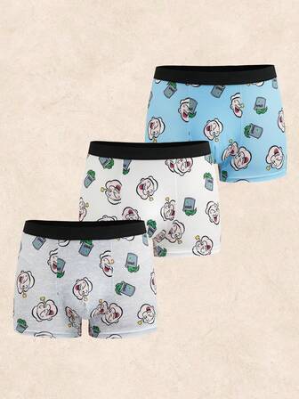 Popeye X SHEIN 3pcs Men's Grey & Blue & White Soft & Comfortable Cartoon Pattern Trunks Basic Casual Boxer Brief,Men Boxers Pack Cartoon Boxers Graphic Boxers Cute Boxers Boys Underwear