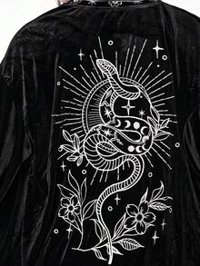ROMWE Gothic Snake & Plant Embroidered Velvet Cardigan - Black - View 4